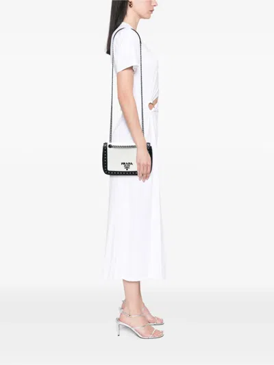 Pre-owned Prada 2000-2025 Small Studded Glace Calf Chain Flap Shoulder Bag In White