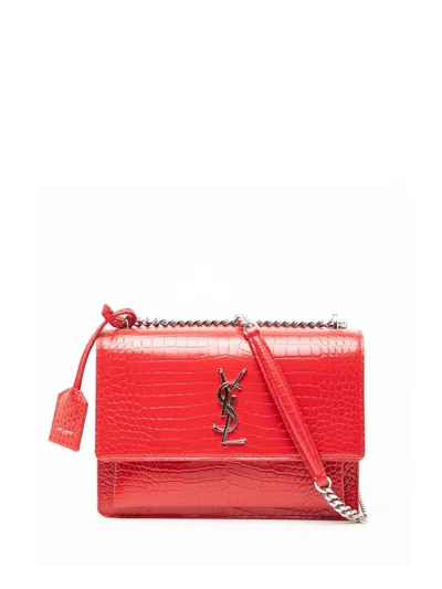 Pre-owned Saint Laurent 2017 Medium Croc Embossed Monogram Sunset Bag Crossbody Bag In Red
