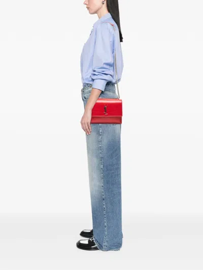 Pre-owned Saint Laurent 2017 Medium Croc Embossed Monogram Sunset Bag Crossbody Bag In Red