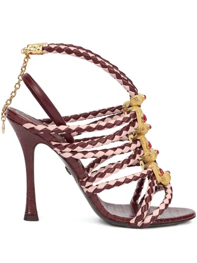 Roberto Cavalli Braided-leather Jewel-embellished Sandals In Burgundy