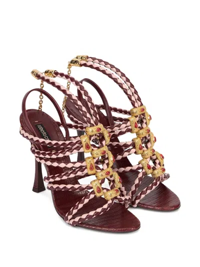 Roberto Cavalli Braided-leather Jewel-embellished Sandals In Burgundy