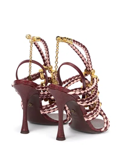 Roberto Cavalli Braided-leather Jewel-embellished Sandals In Burgundy