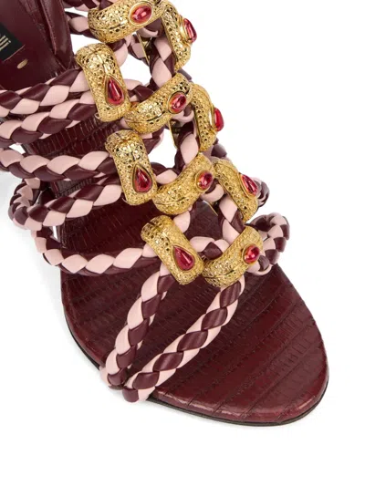 Roberto Cavalli Braided-leather Jewel-embellished Sandals In Burgundy