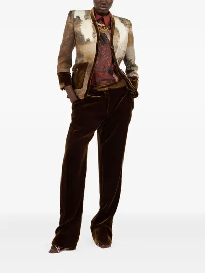 Roberto Cavalli Marble-print Silk Blouse In Brown