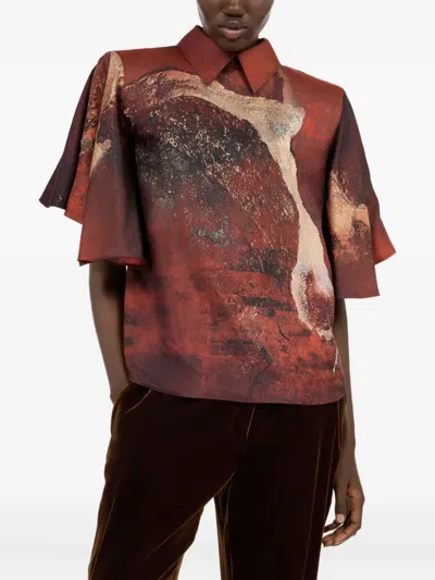 Roberto Cavalli Marble-print Silk Blouse In Brown