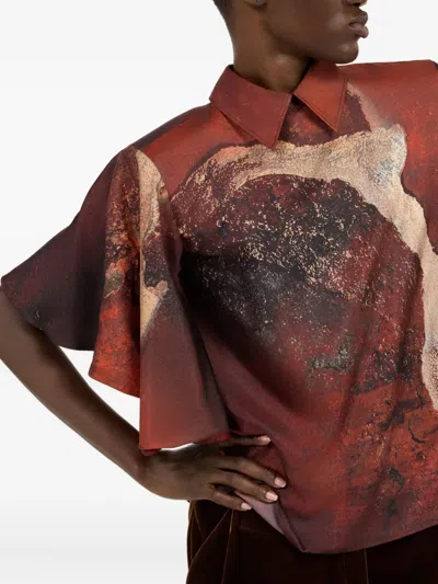 Roberto Cavalli Marble-print Silk Blouse In Brown