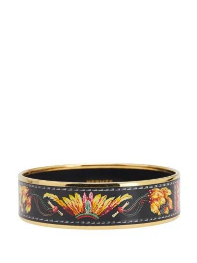 Pre-owned Hermes 20th Century Wide Enamel Brazil Feather Bangle 70 Costume Bracelet In Black