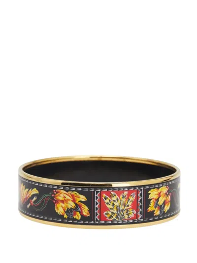 Pre-owned Hermes 20th Century Wide Enamel Brazil Feather Bangle 70 Costume Bracelet In Black