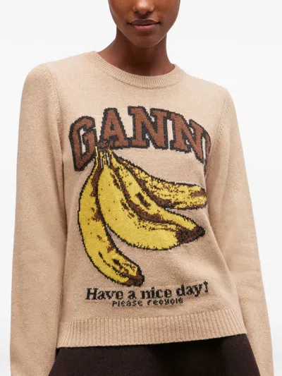 Ganni Patterned-jacquard Sweater In Brown