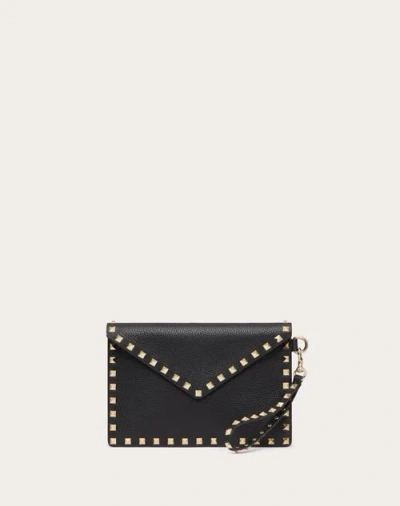 Valentino Garavani Rockstud Grainy Calfskin Pouch Woman Black Uni In Black