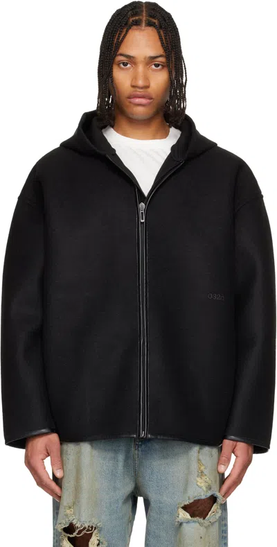 032c Black Neoprene Zip Up Hooded Jacket In Black