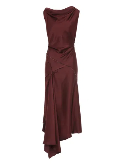 Victoria Beckham Asymmetric Draped Sleeveless Satin Midi Dress In Burgundy