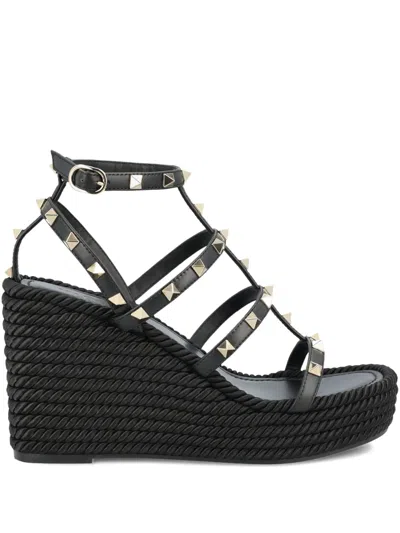 Valentino 95mm Studded Ankle-strap Wedge Sandals In Black