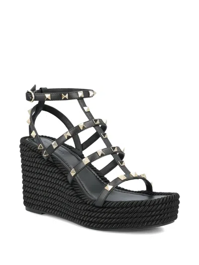 Valentino 95mm Studded Ankle-strap Wedge Sandals In Black