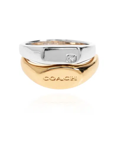 Coach Logo Plaque Ring Set Of Two In Gold