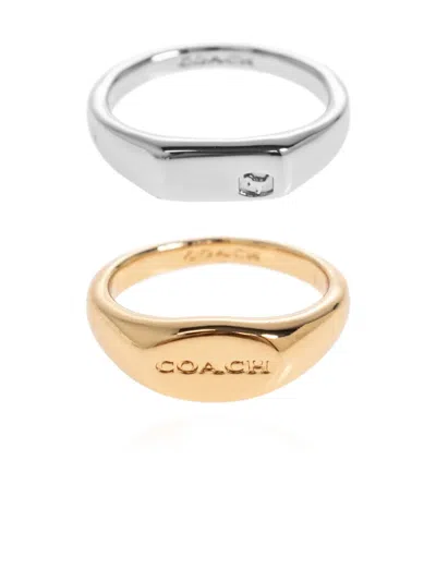 Coach Logo Plaque Ring Set Of Two In Gold