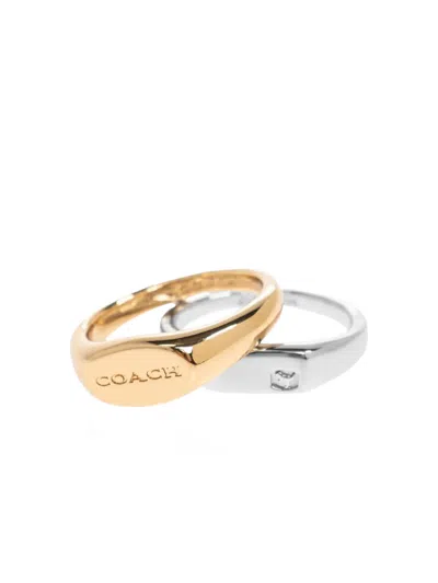 Coach Logo Plaque Ring Set Of Two In Gold