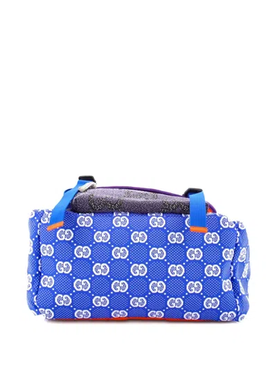 Pre-owned Gucci Panelled Double Buckle Gg Jacquard Nylon And Rubber Large Backpack In Blue