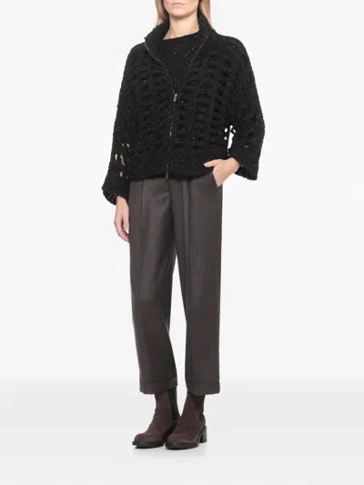 Peserico Perforated Zip Sweater In Black