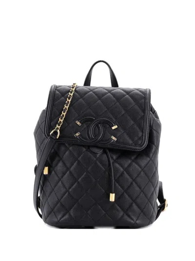 Pre-owned Chanel Filigree Quilted Caviar Large Backpack In Black