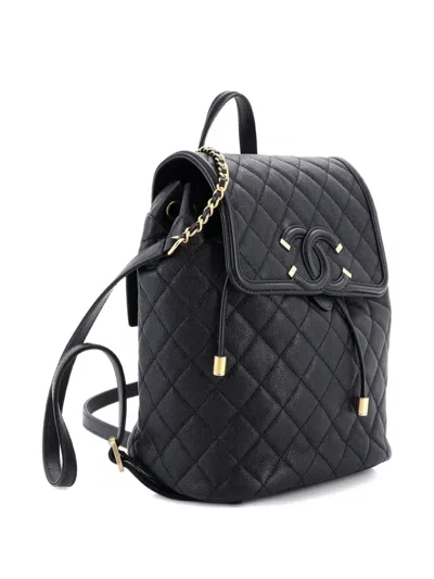 Pre-owned Chanel Filigree Quilted Caviar Large Backpack In Black
