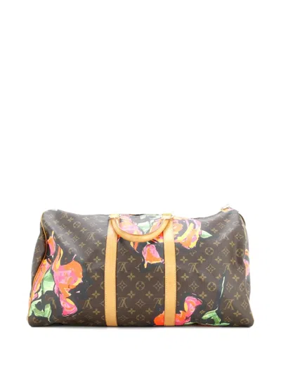 Pre-owned Louis Vuitton Keepall Bag Limited Edition Monogram Roses 50 Satchel In Brown