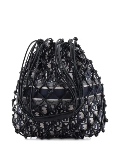 Pre-owned Dior Drawstring Net Tote Issimo Canvas And Leather Bucket Bag In Blue