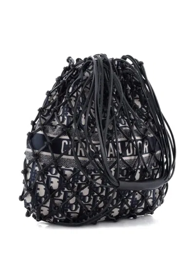 Pre-owned Dior Drawstring Net Tote Issimo Canvas And Leather Bucket Bag In Blue