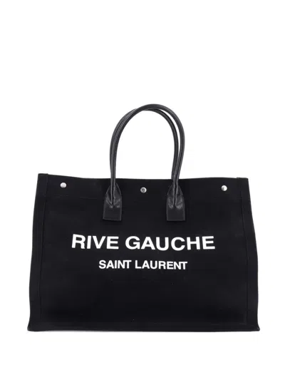 Pre-owned Saint Laurent Rive Gauche Shopper Camo Canvas Large Tote Bag In Black