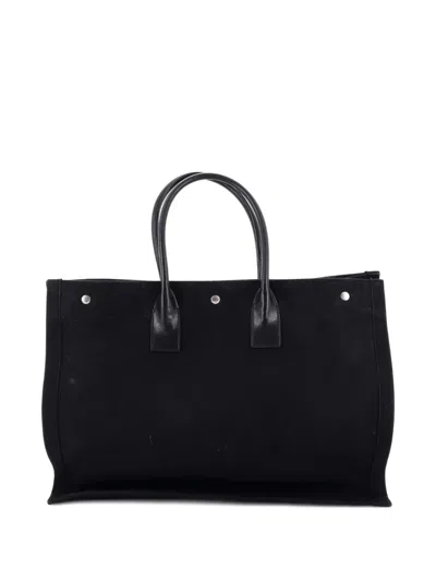 Pre-owned Saint Laurent Rive Gauche Shopper Camo Canvas Large Tote Bag In Black