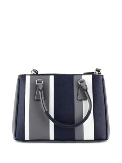 Pre-owned Prada Double Zip Lux Striped Saffiano Leather Small Tote Bag In Blue