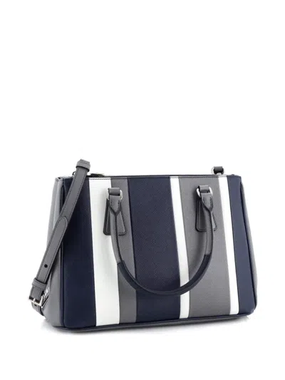 Pre-owned Prada Double Zip Lux Striped Saffiano Leather Small Tote Bag In Blue