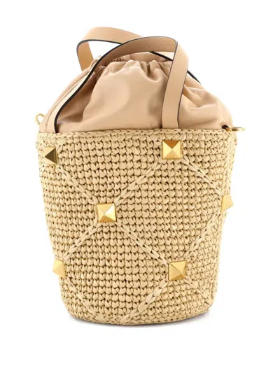 Pre-owned Valentino Garavani Roman Stud Raffia And Leather Bucket Bag In Neutral