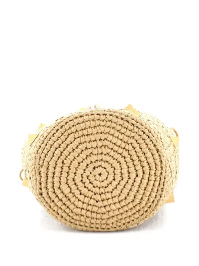 Pre-owned Valentino Garavani Roman Stud Raffia And Leather Bucket Bag In Neutral