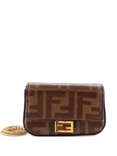 Pre-owned Fendi Chain Baguette Charm Bag Zucca Coated Canvas Nano Crossbody Bag In Brown