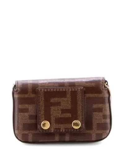 Pre-owned Fendi Chain Baguette Charm Bag Zucca Coated Canvas Nano Crossbody Bag In Brown