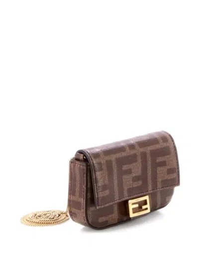 Pre-owned Fendi Chain Baguette Charm Bag Zucca Coated Canvas Nano Crossbody Bag In Brown