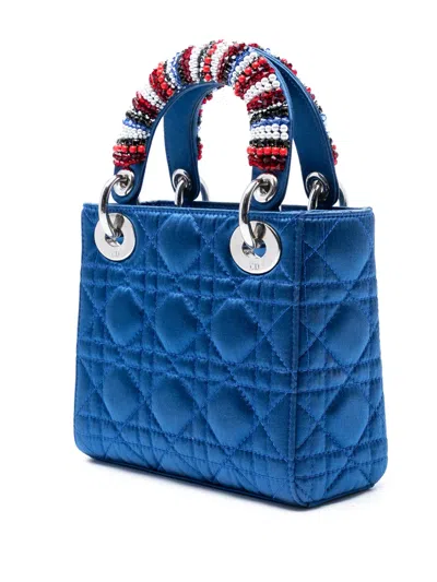 Pre-owned Dior 2014 Mini Satin Cannage Beaded Handle Lady  Satchel In Blue