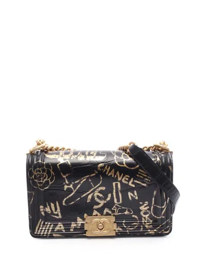 Pre-owned Chanel 2019 Medium Embossed Graffiti Boy Flap Shoulder Bag In Black