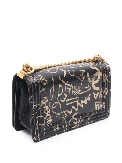Pre-owned Chanel 2019 Medium Embossed Graffiti Boy Flap Shoulder Bag In Black
