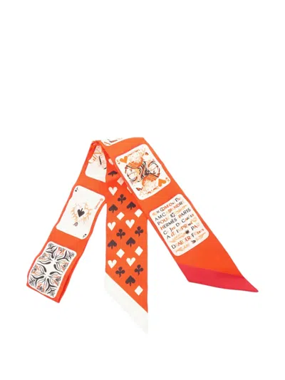 Pre-owned Hermes 1998-2007 Jeu De Cartes Silk Twilly Scarf Scarves In Orange