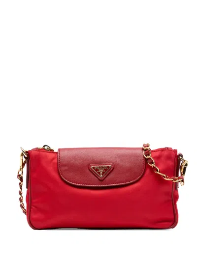 Pre-owned Prada 2000-2013 Saffiano Trimmed Tessuto Chain Crossbody Bag In Red
