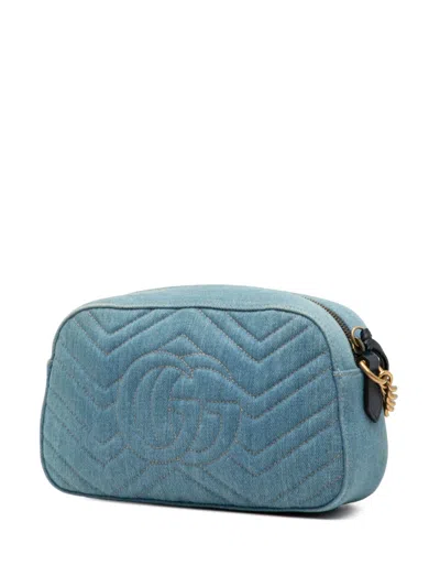 Pre-owned Gucci 2016-2025 Small Gg Marmont Matelasse Denim Pearly Crossbody Bag In Blue