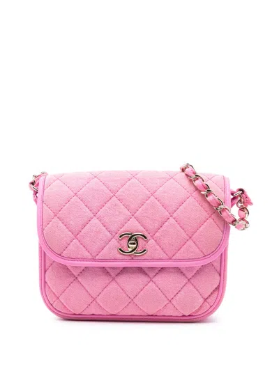 Pre-owned Chanel 2021 Small Cc Quilted Denim Messenger Flap Crossbody Bag In Pink