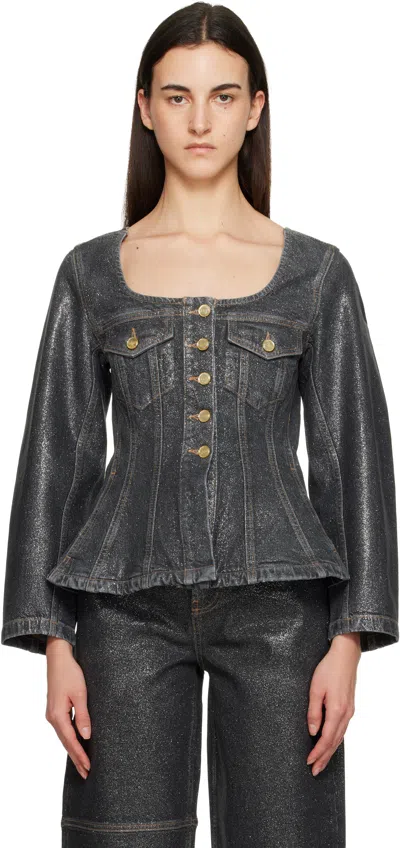 Ganni Shimmery Foil Peplum Denim Jacket In Multi