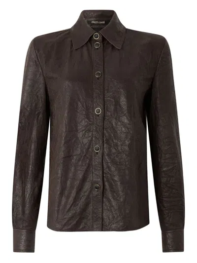 Roberto Cavalli Buttoned Leather Shirt In Brown