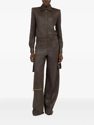 Roberto Cavalli Buttoned Leather Shirt In Brown