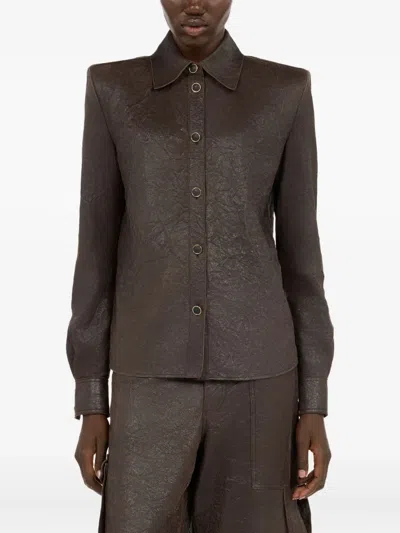 Roberto Cavalli Buttoned Leather Shirt In Brown