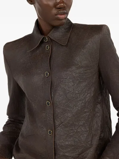 Roberto Cavalli Buttoned Leather Shirt In Brown