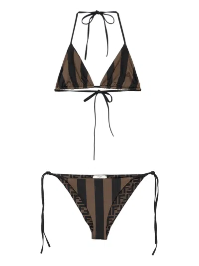 Fendi Women Brown Reversible Bikini With Adjustable Tie Closure And All-over Stripe Motif In Tech Fa In Brown